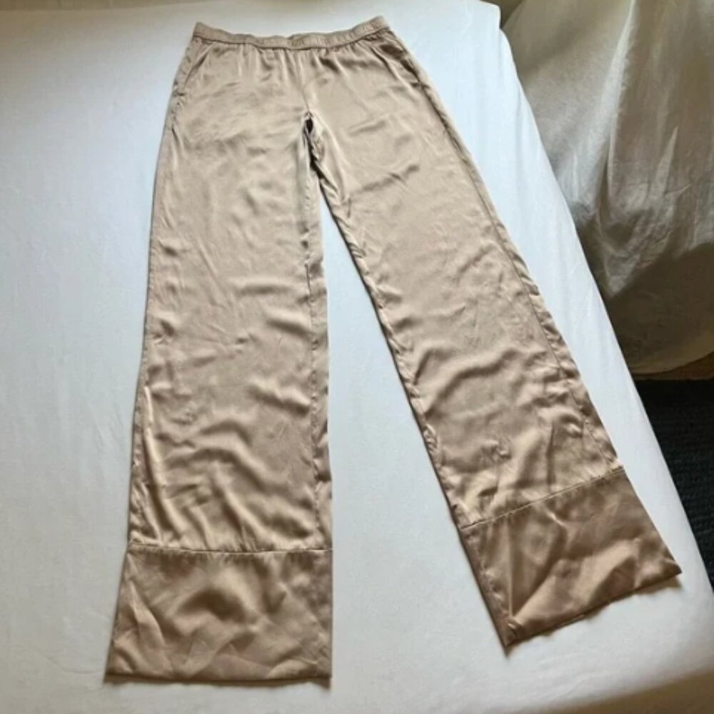 SER.O.YA dusty rose pink satin silk wide straight leg cropped pants